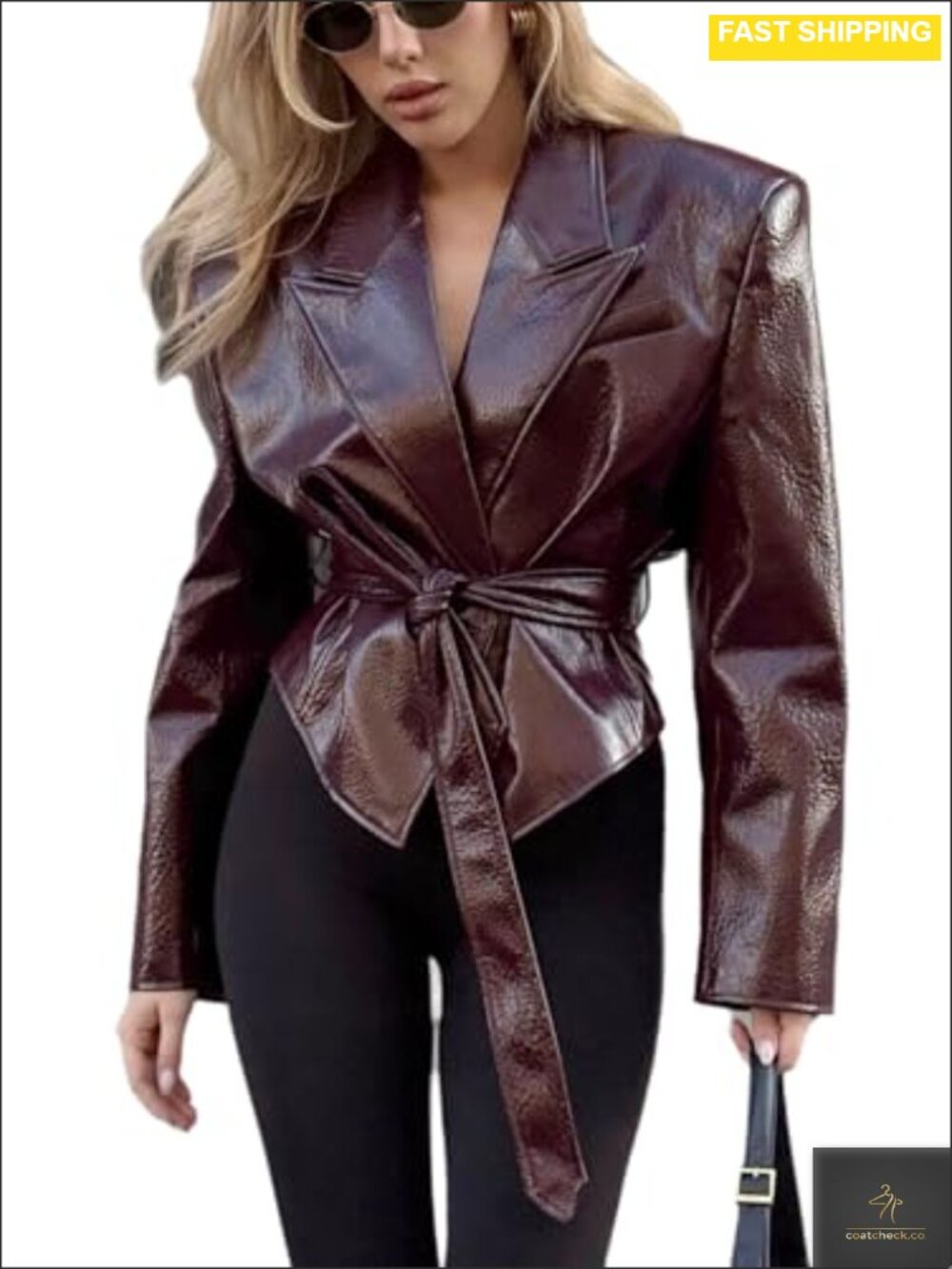 Women's PU Leather Casual Belted Jacket Blazer Button Down Notch Lapel Outerwear